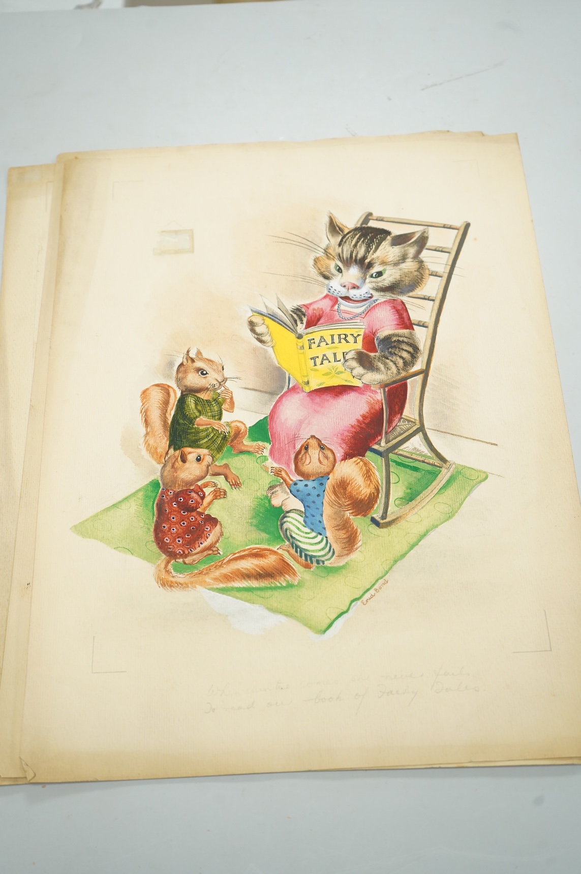 Enid Bond (20th. C), Set of six original watercolours for postcard designs, Humorous animals to include: cats, squirrels and badgers, each signed and inscribed in pencil, unframed, 36 x 27cm